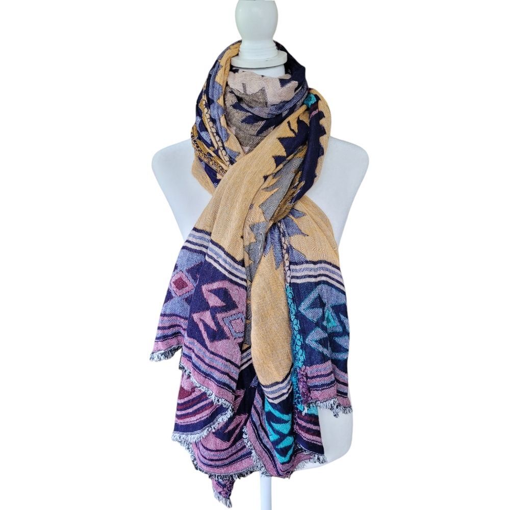 Blanket Scarf w Fringe Large Boho Western Colorful Aztec Pattern